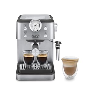 De’Longhi Siebträgermaschine Linea Classic EM450.M, Espressomaschine mit professionellem Milchaufschäumer, Vollmetallgehäuse, 15 Bar, 1,7 l Wassertank, Edelstahl/Metall