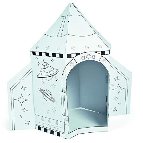 Image of Fun Express Cardboard Playhouse Rocket Ship Toy for Kids - 5 Foot Color Your Own Spaceship for Indoor Play | White Cardboard House to Color for Toddler Activities & Creative Arts Projects | VBS