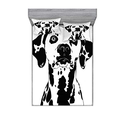 Lunarable Dogs Fitted Sheet & Pillow Sham Set, Dalmatian Dog Attentive Expression on Its Face Black Animal Energetic Print, Decorative Printed 3 Piece Bedding Decor Set, Queen, White