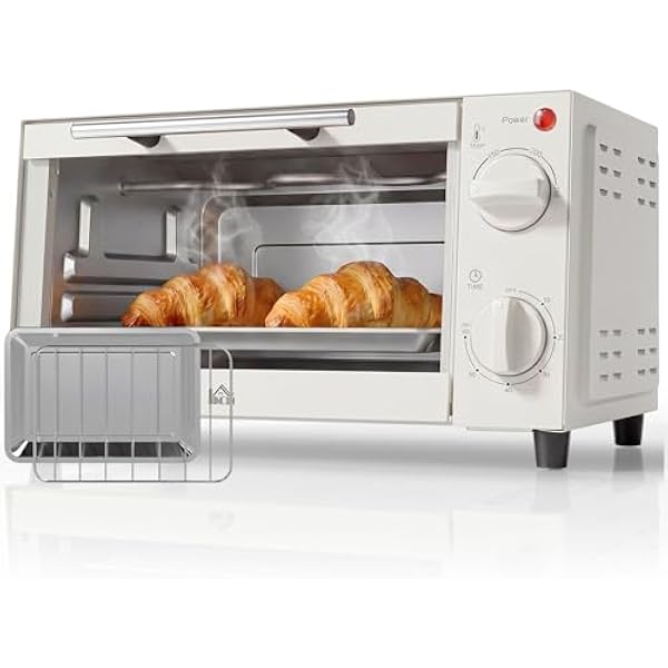 HOMCOM Mini piekarnik 9 l, 750 W, 100-230°C, timer 60 min, blacha do pieczenia, ruszt do grillowania, szklane okno, mało miejsca, kremowy biały