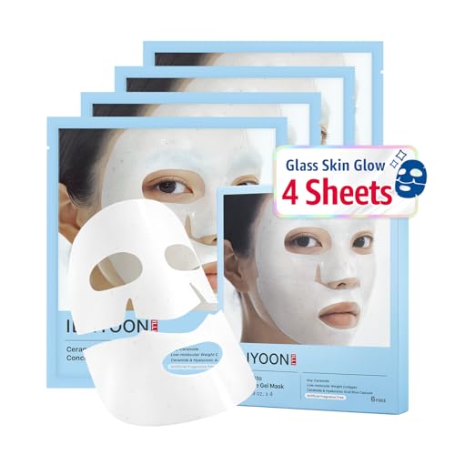 Illiyoon Ceramide Ato Concentrate Gel Face Mask | 34g x 4ea, Ceramide & Collagen Hydrating Overnight Hydrogel Mask with Hyaluronic Acid, Korean Pore Tightening Sleep Mask, Glass Skin Glow