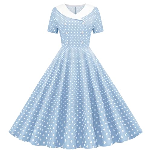 duxyoz Mädchen Kleid Sommer Vintage 1950er Rockabilly Swing Kleid Retro Hepburn Stil Pinup Skater A-Linie Kleider Kurzarm Zweireiher Polka Dots Abend...