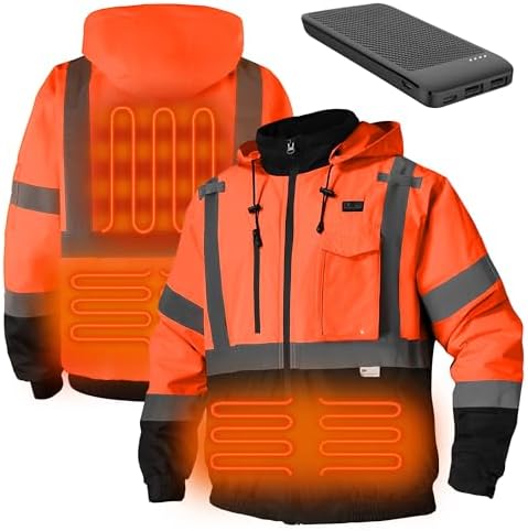 DPSAFETY Safety Heated Jacket, Reflective, Waterproof CLASS 3 Hi-Vis with Detachable Hood, High Visibility Work Construction Jacket for Men & Women (Orange, 3XL)