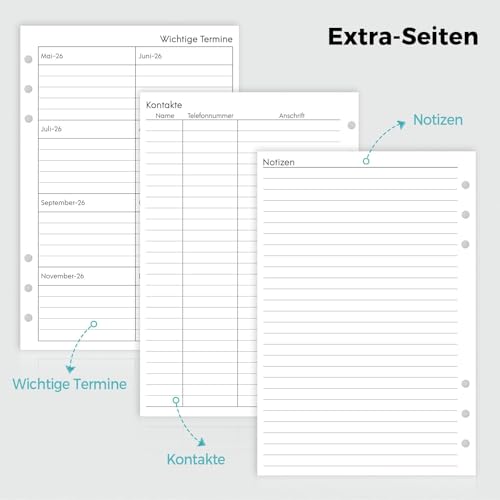 SKYDUE Refillable A5 Ring Binder Calendar, Ringbuch A5 Nachfüllbar, Kalendereinlagen 2026 1 Woche 2 Mit Tabs,Wochenplaner Einlage