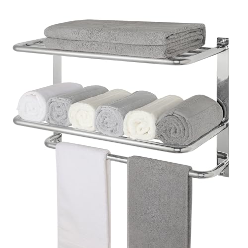 Towel Rack for Bathroom, DEWVIE 24 Inch Tower Holder with Tower Bars, SUS 304 Stainless Steel Lavatory Bath Towel Shelf Towel Hanger Wall Mount, 3-Tier (Brushed Nickel)