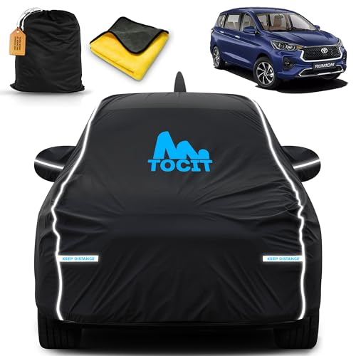 Image of Tocit Rumion Waterproof Long Life Car Cover with Safety Glow Reflective Strap, Premium Stretchable Velvet Velour Fabric, Machine Washable, Tri-Stitch Custom Fit with Mirror & Antenna Pocket