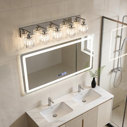Image of Brushed Chrome Crystal Bathroom Vanity Light, 5-Light Modern Bathroom Lighting Fixtures Over Mirror,Chrome Wall Sconce Light Fixtures with Round Shade