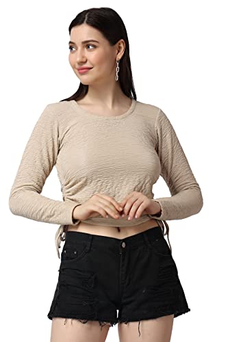 Image of POPWINGS Casual Self Design Regular Fit Polyester Full Sleeves Crop Tops for Women with Crush String