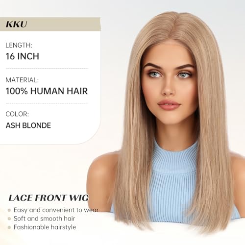 Image of KKU 5x5 Lace Front Human Hair Wig, Double Breathable Lace with Skin-Friendly Silk Base and Non-Slip Silicone Grips, Middle or Parted Natural Hairline Wigs for Women (16 Inch, Ash Blonde)