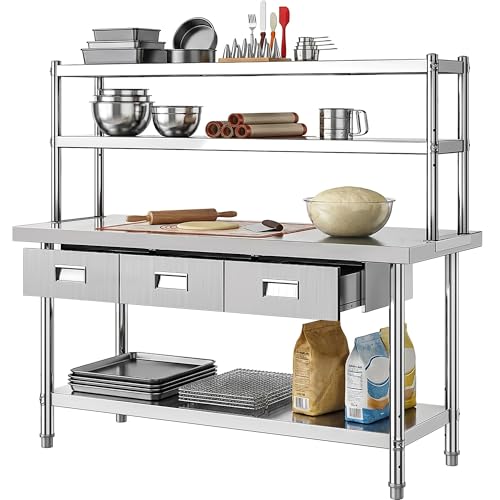 Image of DWVO 60x24in Stainless Steel Table with Adjustable Overshelf & 3 Drawers | NSF Metal Prep Worktable for Kitchen Restaurant Hotel Garage Warehouse Home Commercial