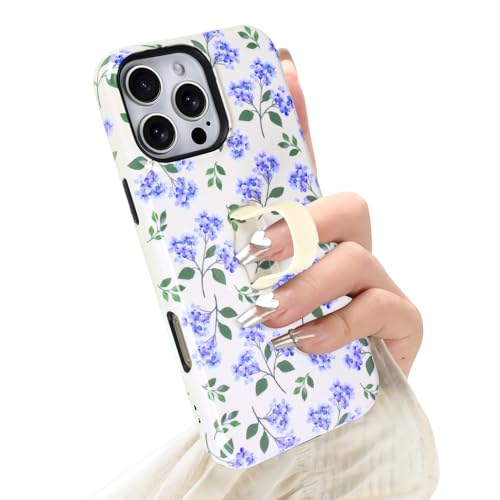 Jefonha Compatible with iPhone 16 Pro Max Case with Finger Strap Kickstand Cute Aesthetic Floral Flower Phone Case for Women Men Dual-Layer Shockproof Cover for 16 Pro Max Blue Flowers