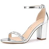Allegra K Sandalias de tacón grueso con correa al tobillo y diamantes de imitación para mujer, Plateado (Plateado), 36 EU