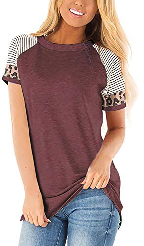 Leopard Print Tops for Women Short Sleeve Crew Neck T Shirts Purple M