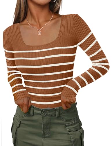 Image of HOTOUCH Sweaters for Women Pullover Square Neck Long Sleeve Slim Fitted Ribbed Knit Basic Fashion Tops 2025 S-XXL
