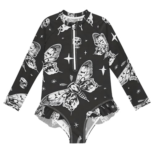 Girls One Piece Swimsuits Long Sleeve Swimsuit Zipper Bathing Suits Skull Moon Moth Black Boho
