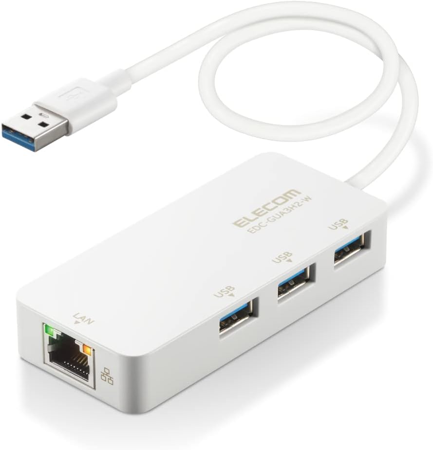 Elecom EDC-GUA3H2-W Wired LAN Adapter, USB 3.0, USB-A, USB to RJ45, Gigabit USB Hub (USB-A x 3 Ports), Compatible with Windows 11/10/8.1, MacOS 12/11/10.15, White
