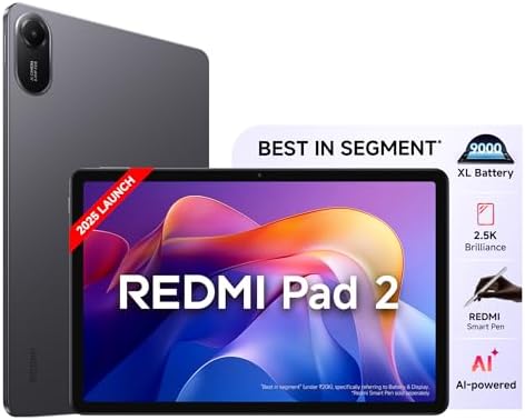 Redmi Pad 2, WiFi Active Pen Support, 27.94Cm(11") Model, 2.5K Sharp & Clear Display, 4GB, 128GB, All Day & More 9000Mah Battery, AI-Enabled, Dolby Atmos, Hyperos 2, Graphite Grey