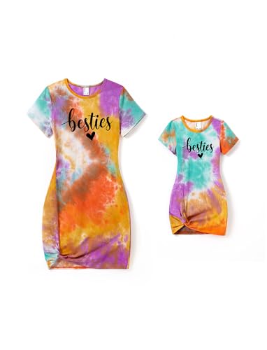 PATPAT Mommy and Me Tie-Dye T Shirt Dresses Vibrant Short-Sleeve Matching Outfits Girl 6-7 Years