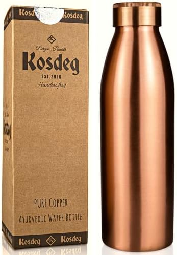 Copper Water Bottle - Kosdeg - 24oz - A Handcrafted Leak Proof Ayurvedic Pure Copper Vessel For Drinking- Drink More Water, Lower Your Sugar Intake and Enjoy The Health Benefits Immediately…