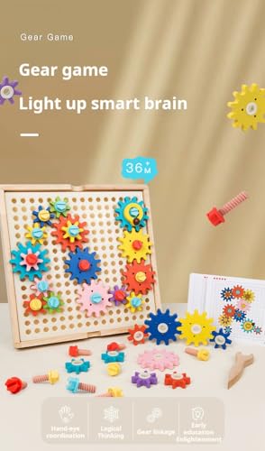 Kibi Store Holzgetriebe, Holzbrett mit stapelbaren Zahnrädern, Puzzle-Ausrüstung, Montessori-Spielzeug für Kinder ab 3 Jahren, STEM-Spielzeug, rotierendes Spielzeug, Geschenk für Jungen und Mädchen