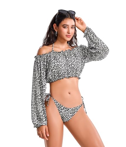 Bikini 3 pièces imprimé léopard haut de gamme avec haut épaules dénudées femme
