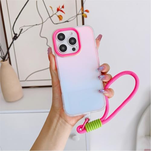 Coque iPhone 15 Plus Rose mate avec paillettes et dragonne de luxe