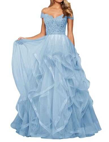 SPSMOKH Vestido de noche largo de tul para mujer, de encaje, con hombros descubiertos, acampanado, vestido de graduación, vestido de graduación de princesa, cuello en V (azul cielo, 20)