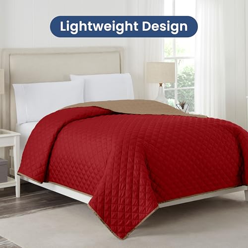 Image of Martex Reversible Coverlet - Full Queen Size Quilt - Lightweight Full Size Bedding- Durable Queen Size Quilts for Bed - Soft - Easy Care Bedding - Khaki /Red