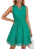 ZESICA Women's Summer Sleeveless Mini Dress V Neck Hollow Out Eyelet High Waist A Line Swing Short Party Dresses,Green,Small