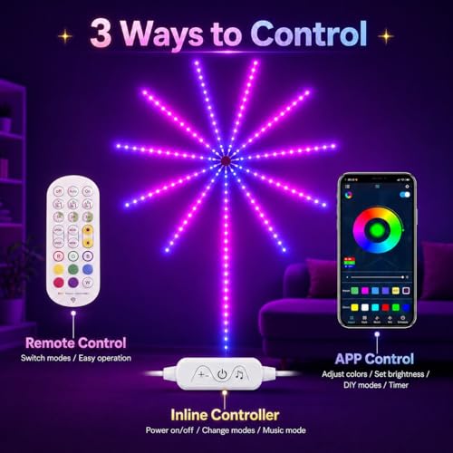 Image of MORIACC Smart Firework LED Lights, Color Changing Lights for Bedroom with Realistic Blooming Visuals, USB Powered Room Decor, App & Remote Control, Music Sync Strip Light for Party(11.8 inches)