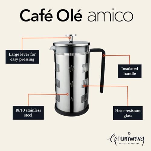 Café Olé FM-06C Amico 600 ml Cafetière French Press Coffee Maker, 5-Cup, Silver