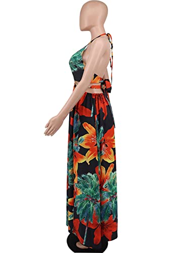 Image of Qikaka Women's Sleeveless Deep V Neck Floral Printed Metal Chain Bodycon Sexy Nightclub Party Boho Dress