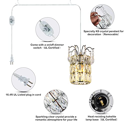 Airposta Dimmable Plug in Pendant Light, Crystal Mini Chandeliers, Modern Chrome Finish Crystal Hanging Chandelier Sparkly Ceiling Lamp for Kitchen Island Dining Room Bedroom Hallway, 16.4'(Ft) Cord - Image 5