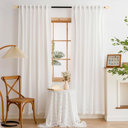 Image of MYSTIC-HOME Sheer Curtains 95 Inches Long 2 Panels White 100% Privacy Light Filtering Drapes for Bedroom & Living Room, Cortinas Para Sala with Soft Voile Fabric&Rod Pocket /Back Tab Design 52 inchW x 95 inchL