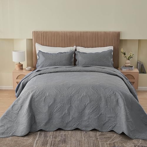 Image of Kingnex Exta Wide Oversized King Bedspreads 128x120 for Tall King or Cal King Bed Ultrasonic Quilted Coverlet Set 3 Piece Include 1 Quilt 2 Pillowcases Grey