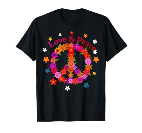 Kay79P Love Peace 60er 70er Jahre Hippie-Kostüm T-Shirt für Männer, Frauen, Kinder - Unisex, Schwarz und Bunt, Kurzarm, Klassische Passform, Pull-On, U-Ausschnitt, Medium, Sommer, 1 Count