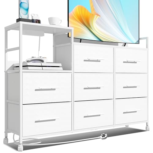 MIKIICOCO Cómoda para dormitorio, cómoda con 8 cajones grandes de tela, soporte de TV con estación de carga, unidad de almacenamiento para sala de estar, pasillo (blanco)