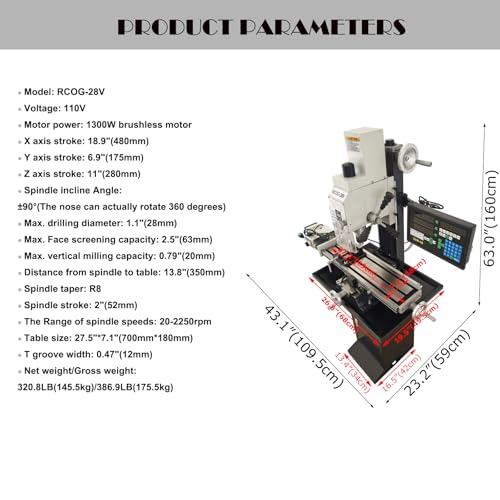 HayWHNKN 1300W Mini Milling Drilling Machine Vertical R8 Mill Drill Machine 20-2250rpm Metal Mill/Drill Machine with Axis X Power Feed, 3-axis Grating Ruler and Stand RCOG-28V 110V - Image 2
