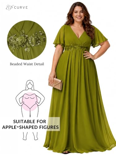 Image of Ever-Pretty Plus Women's Chiffon Plus Size Formal Mother of Bride Dresses | V-Neck, Short Sleeve, Applique, A-Line, Empire Waist, Plus Size Formal Wedding Guest Evening Dresses