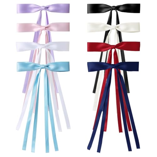 TRKETK 8 pinzas para el pelo con lazo para el pelo, pasadores de pelo largo de satén colorido para mujeres y niñas, cinta de borla con cola larga, accesorios elegantes para el cabello para mujeres