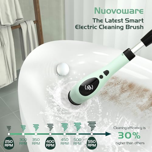 Image of Nuovoware Electric Spin Scrubber,550RPM Cordless Cleaning Brush with Three Speeds, 3000mAH Bathroom Shower Power Scrubber with 9 Brush Heads, Electric Scrub Brush for Tile, Tub, Floor,Voice Broadcast