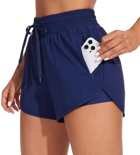 ATTRACO High Waisted Swim Shorts for Womens Drawstring Board Shorts with Zipper Pockets Liner Bottom Blue XL