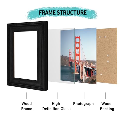 Image of iRahmen 4x6 Picture Frame Set of 4, Black Rustic Retro Photo Frame with Real Glass, Wood Farmhouse Style 4 x 6 Picture Frames for Wall Mount and Tabletop Display
