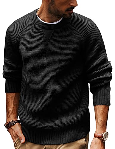 PJ PAUL JONES Mens Crewneck Sweater Waffle Knitted Pullover Sweaters Raglan Sleeve Knitwear Sweaters