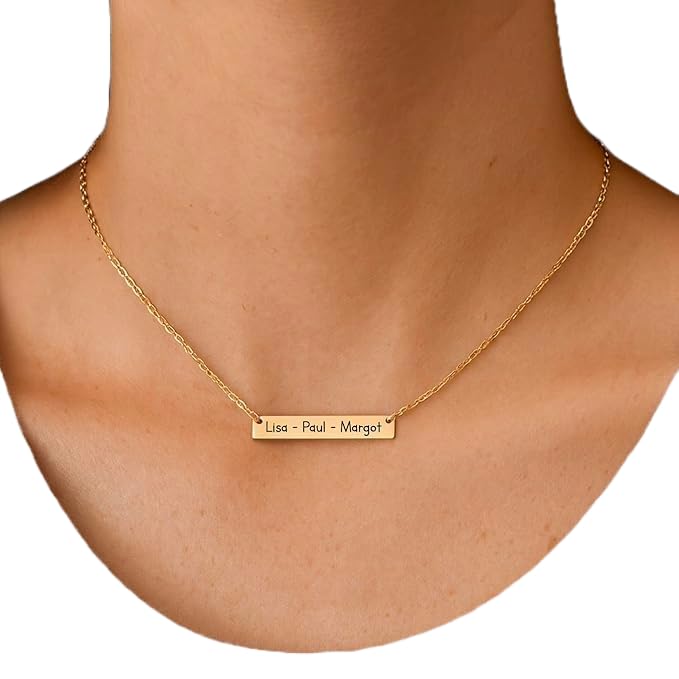 Collier personnalisable femme – Plaque gravée recto verso – Acier inoxydable argent, or jaune ou or rose – Pendentif barre 6x35 mm – Chaîne ajustable...