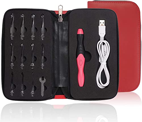 Lighted Crochet Hooks,11 Size Interchangeable Heads 2.5mm to 8.0mm with Ergonomic Grip Handles,USB Rechargeable LED Lighted Crochet Hooks Complete Set for Arthritic Hands (Red)