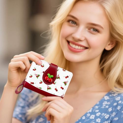 Image of Cute Print Wallet Blueberry Strawberry Cherry Wallet with Credit Card Slot Zipper Coin Pocket for Women Girls (RED)