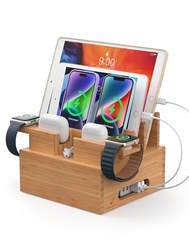 Pezin & Hulin Bamboo Charging Station Organizer for Multiple Devices, Desktop Docking Station Compatible with Phone, Tablet, Earbuds, Smartwatch, (Included 5 Cables, NO Charger HUB)