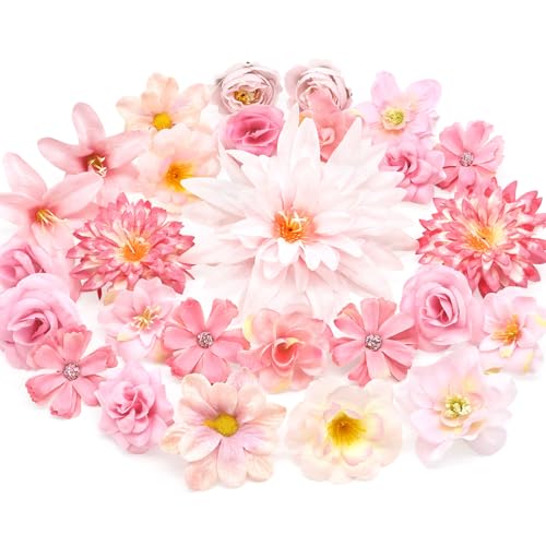 MOTONG 30 Stück Kunstblumen zum Basteln Rosa Künstlich Blütenköpfe, Künstliche Blumen Seidenblumen for Home Decor Brautstrauß Blumen Deko Kunstblumen Hochzeitsdeko Tisch Party Valentinstag