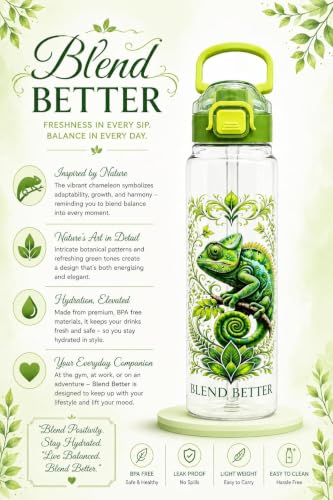 Image of Blend Better Chameleon Printed Water Bottle 1 Litre with Straw & Gulp Drinking